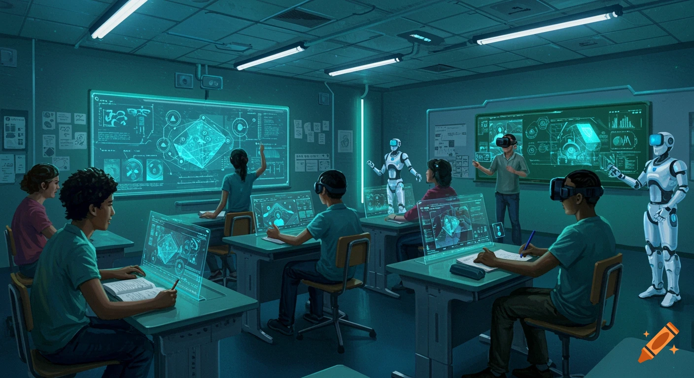A futuristic classroom with students wearing VR headsets, working on holographic desks, and robot teaching assistants.