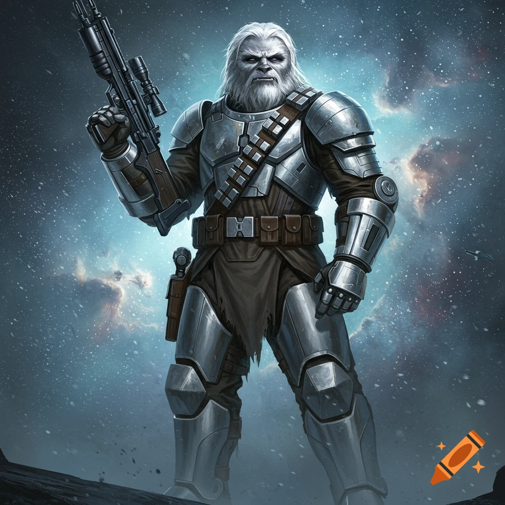 A white-furred wookie-like alien warrior in metallic battle armor holds a blaster rifle, with a blaster in a hip holster, against a starry nebula background.