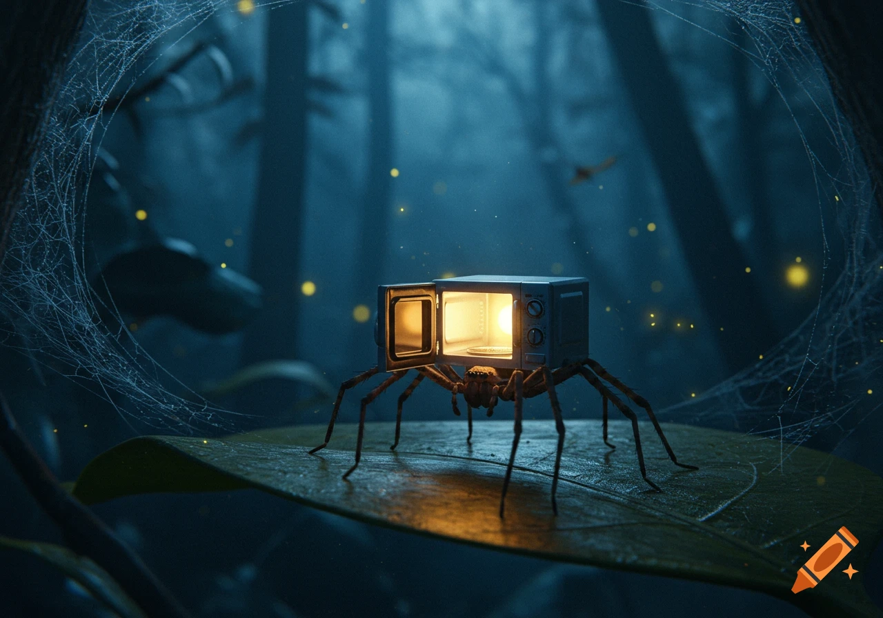 A surreal spider with a glowing microwave head stands on a leaf in a dark, misty forest with fireflies, photorealistic style.