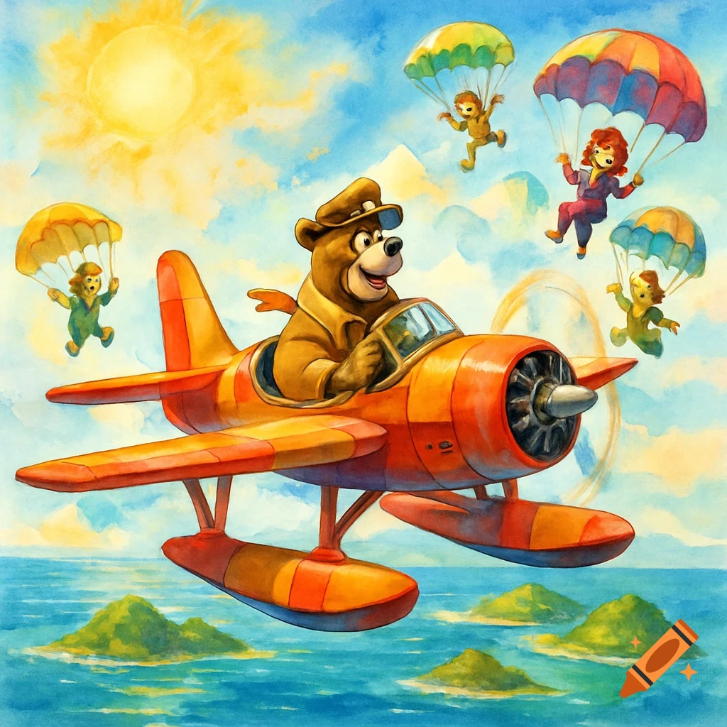 Watercolor illustration of a cartoon bear piloting an orange seaplane over the ocean as children parachute from the sky.