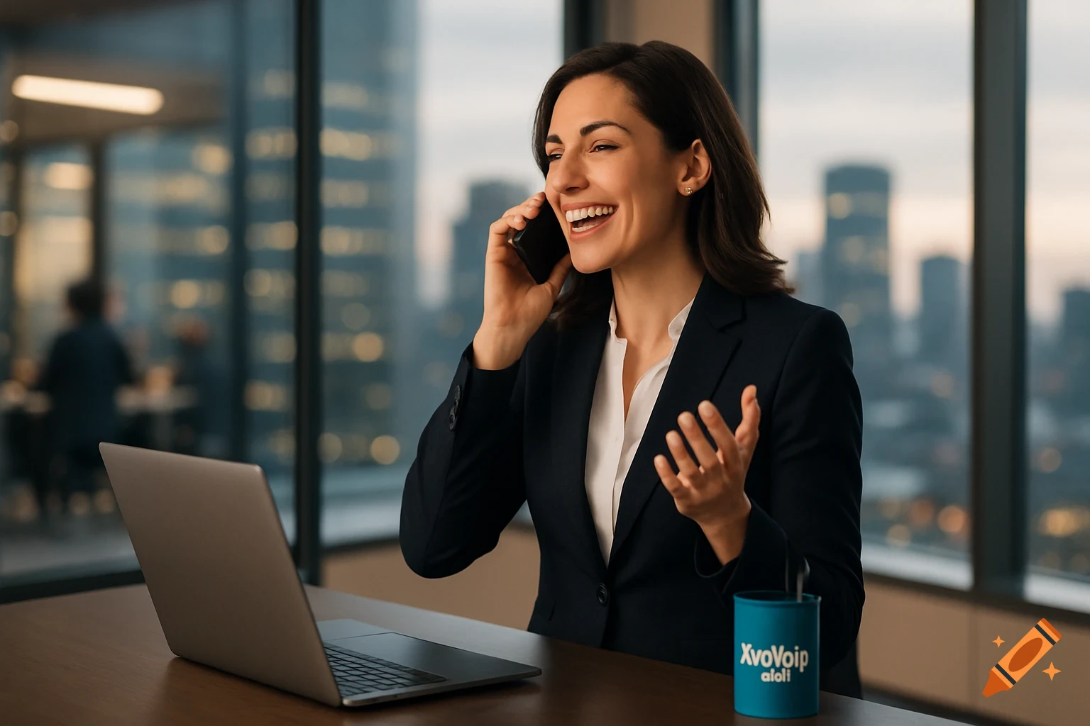 Professional woman in a suit smiles, talking on a phone at an office desk with a laptop and branded cup, cityscape background.