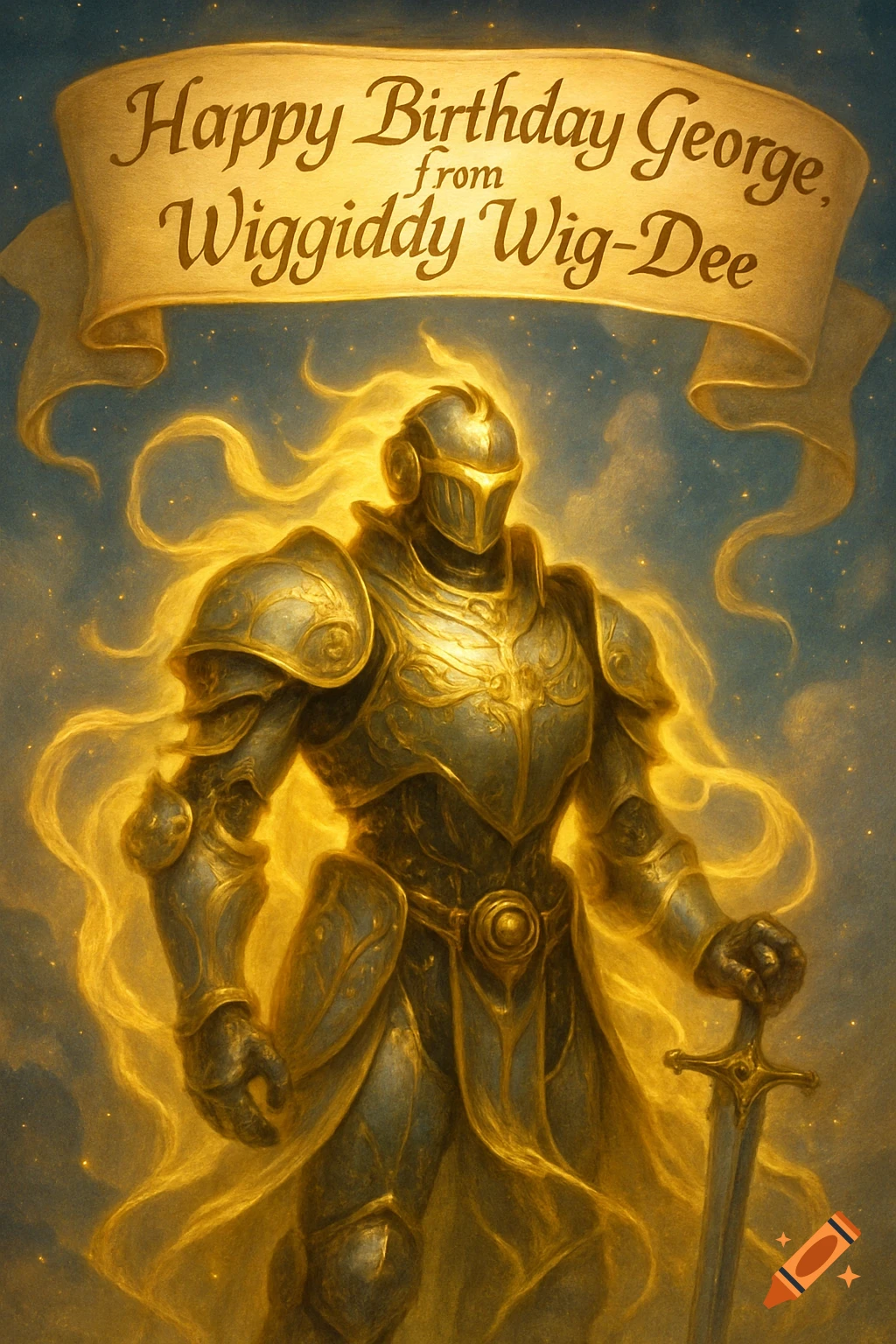 A golden armored knight-robot figure stands beneath a banner reading "Happy Birthday George from Wiggiddy Wig-Dee".
