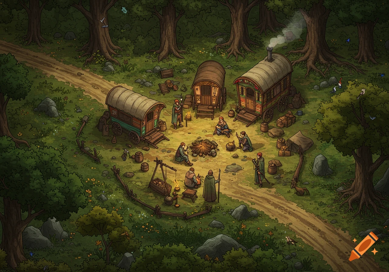 Isometric D&D map of a fantasy caravan camp in a forest with people gathered around a campfire.