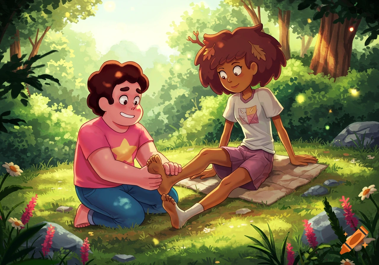 Steven Universe gives Anne Boonchuy a foot massage in a sunny, lush cartoon forest.