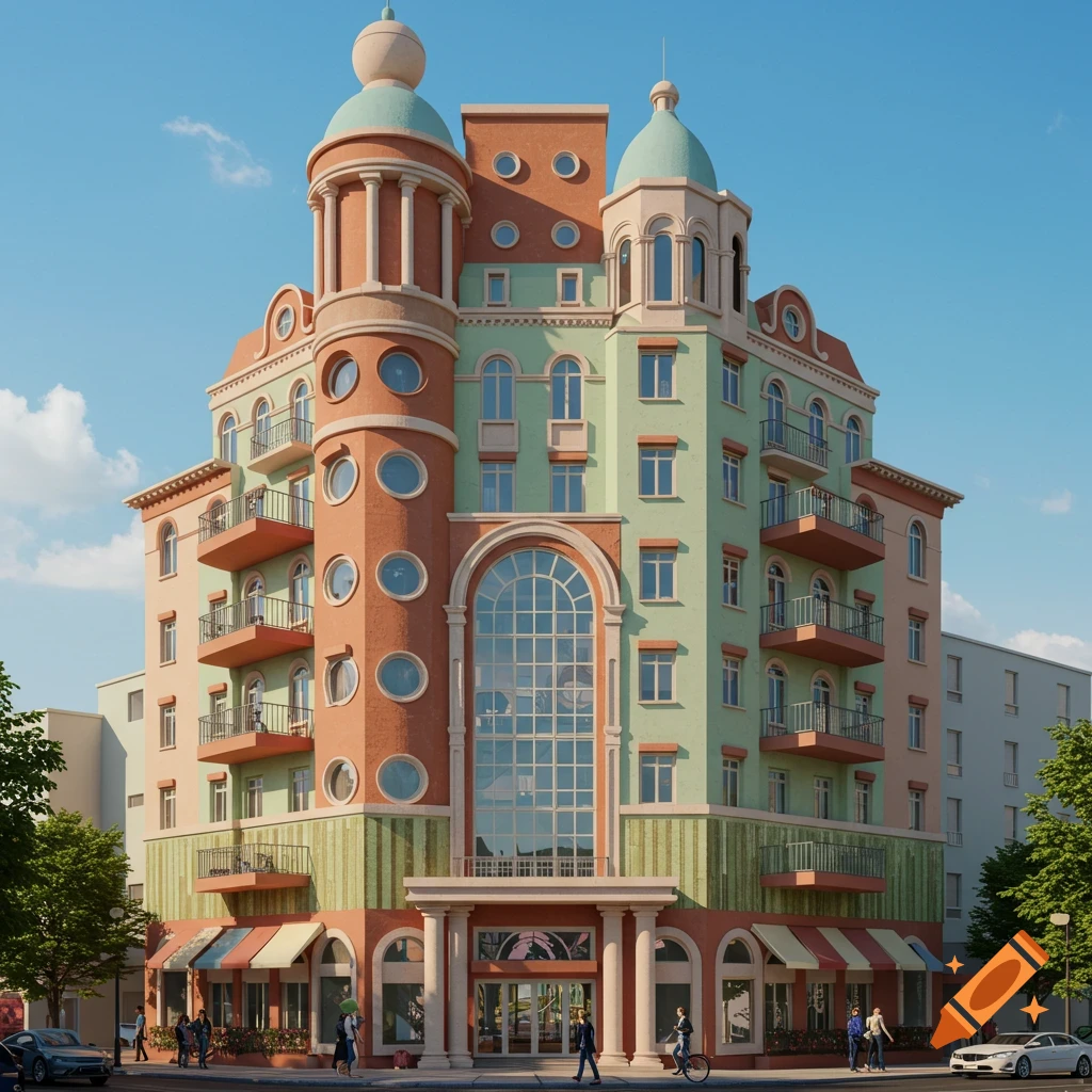 A colorful, photorealistic postmodern building with round and arched windows, balconies, and domed towers, on a sunny city street.