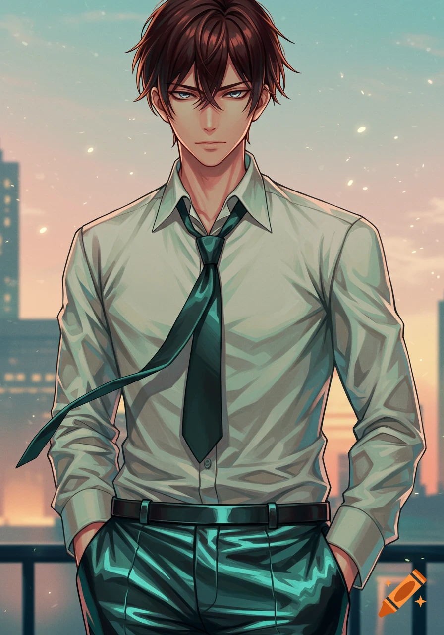 Anime style portrait of a man with short brown hair, grey eyes, wearing a pale green dress shirt, teal tie, and reflective teal pants, against a sunset cityscape.