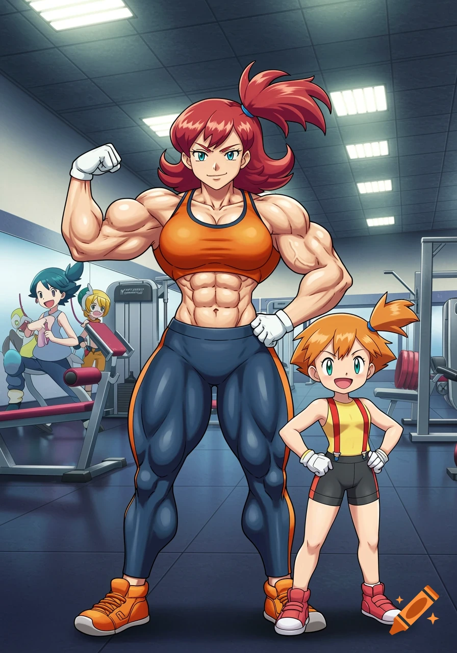 Misty's very muscular mom flexes in a gym next to her daughter Misty, both smiling in an anime art style.