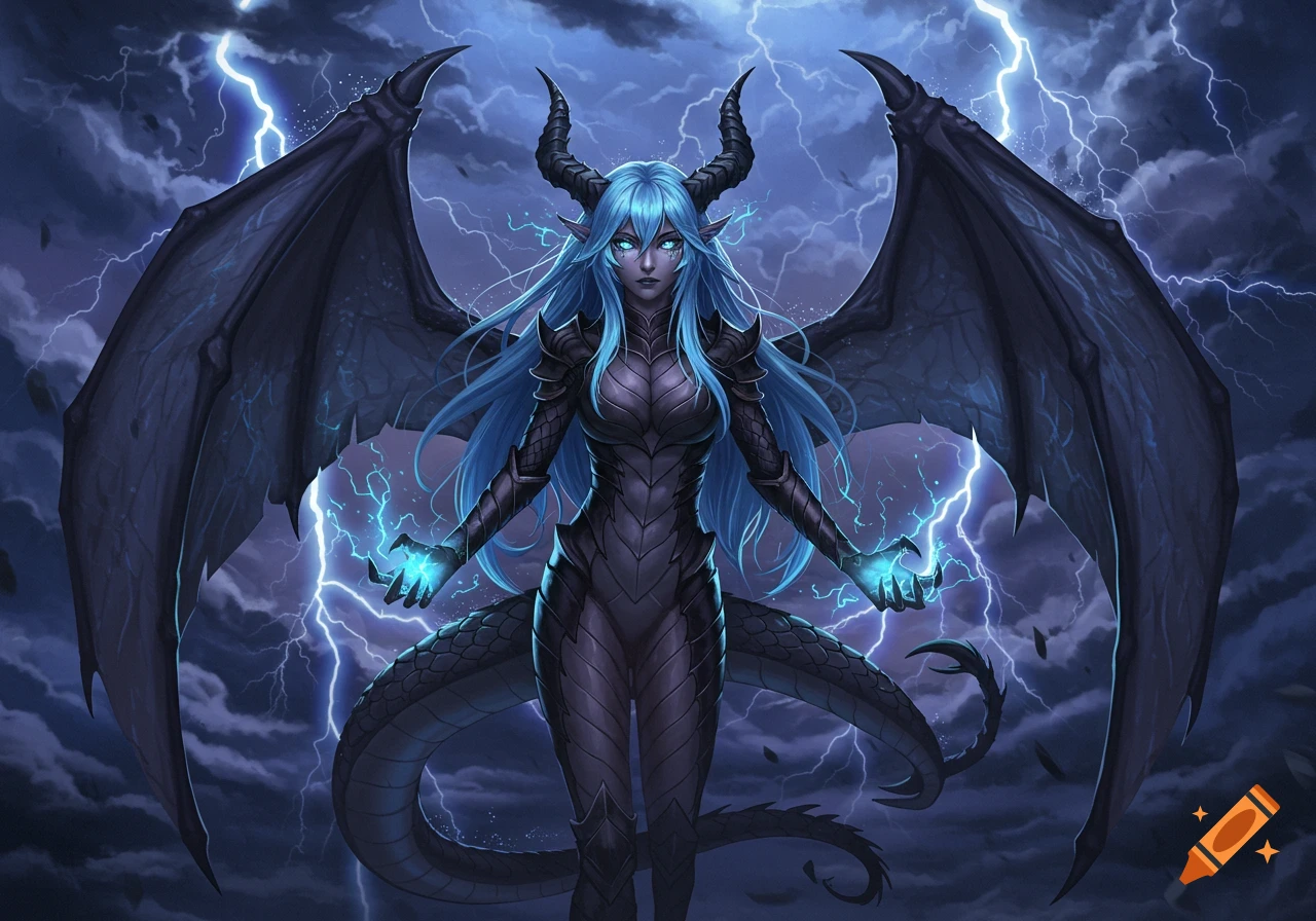 Anime dragon girl with blue hair, black horns, large wings, and scaled body armor, wielding blue lightning in a stormy sky.