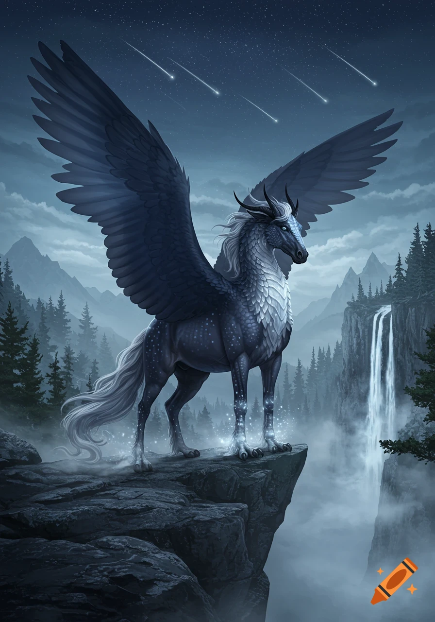 A majestic dark fantasy horse-griffin-dragon hybrid with large wings on a cliff under a starry night sky, overlooking a misty valley and waterfall.