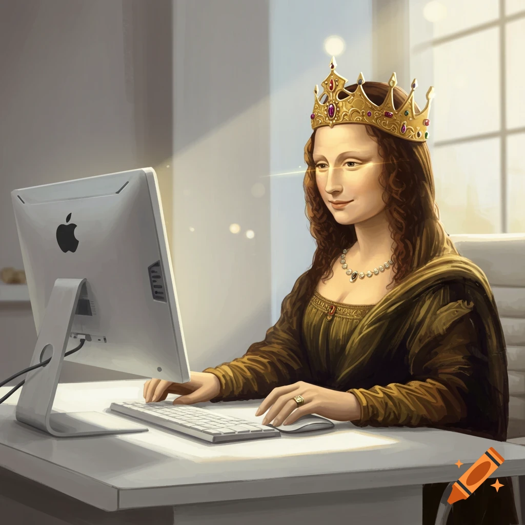 Mona Lisa wearing a gold crown, sitting at a desk and typing on a white keyboard with a mouse next to an Apple iMac monitor. Stylized digital painting.
