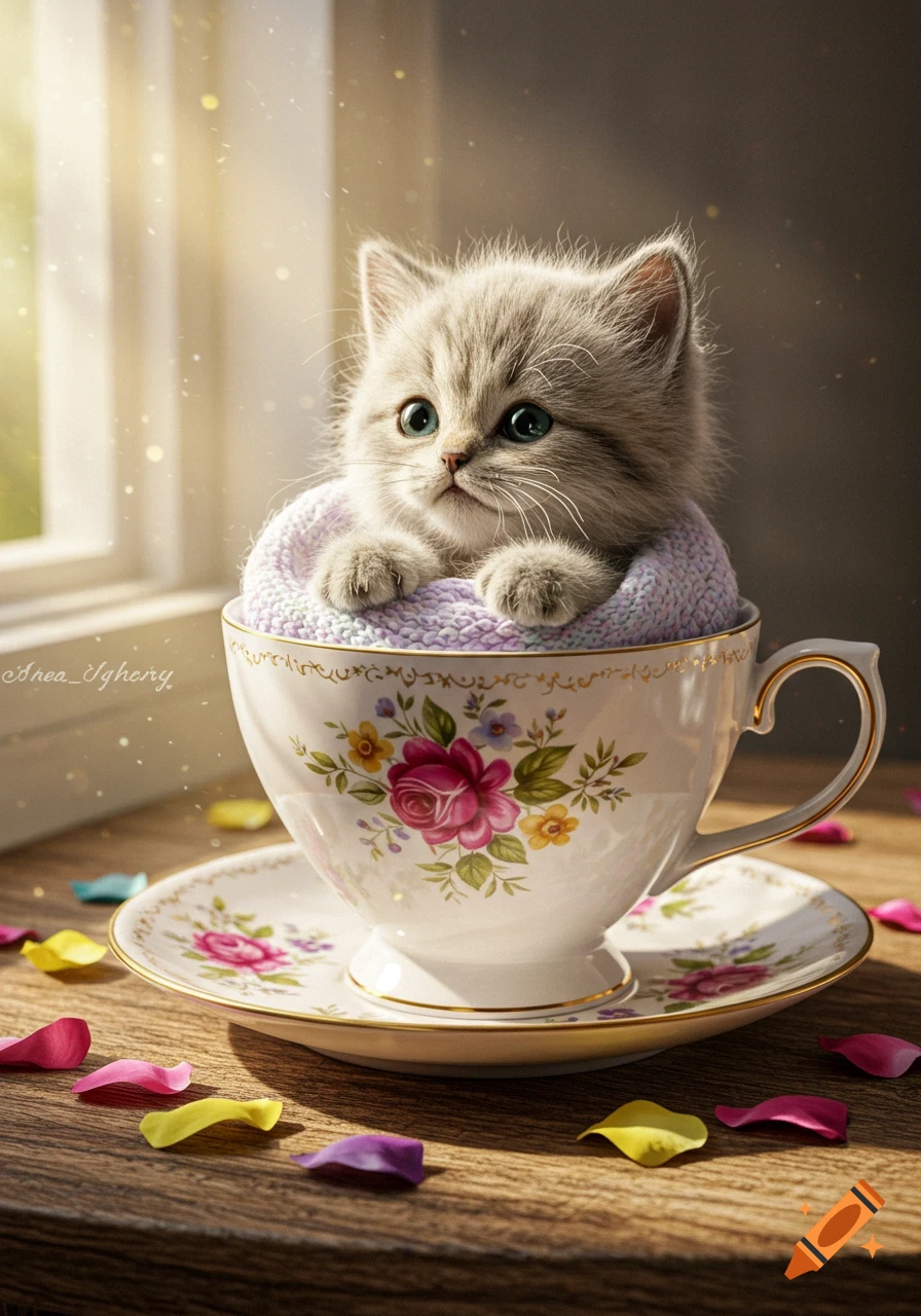 A fluffy grey kitten with blue eyes peeking from a floral teacup, wrapped in a purple blanket, on a wooden table by a sunlit window.
