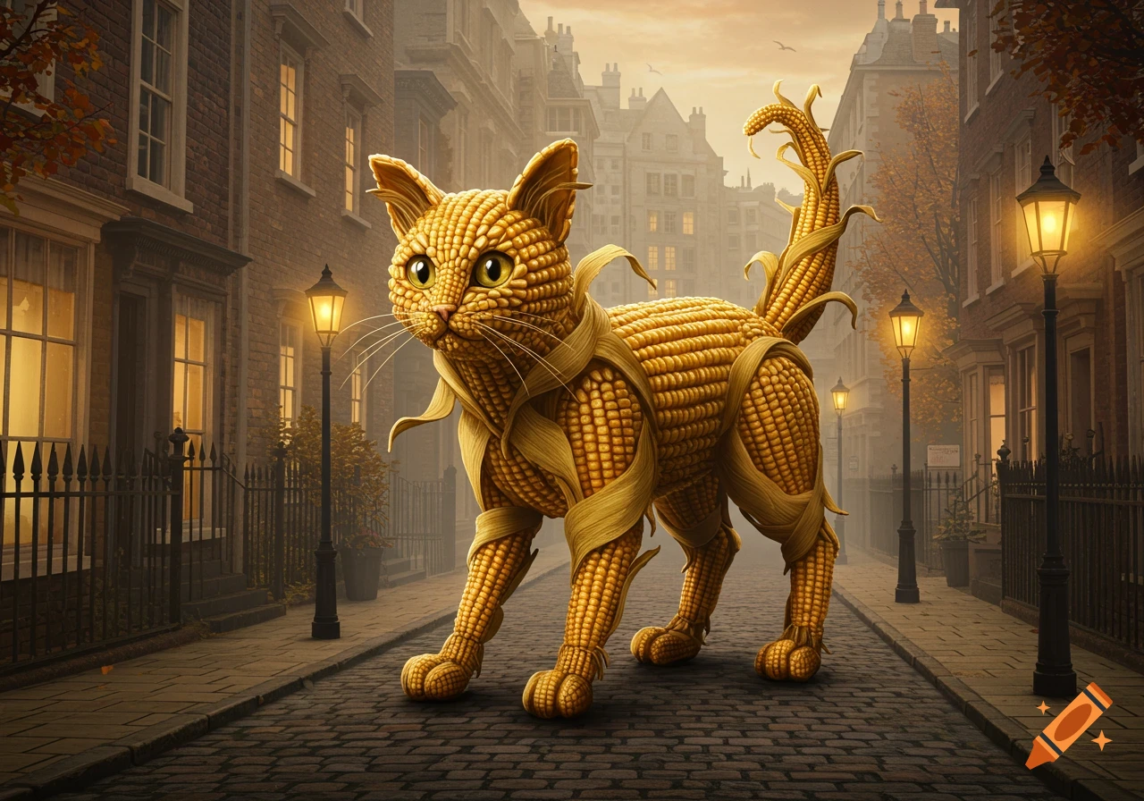 A surreal cat made of golden corn stands on a cobblestone Victorian street at dusk, surrounded by old buildings.