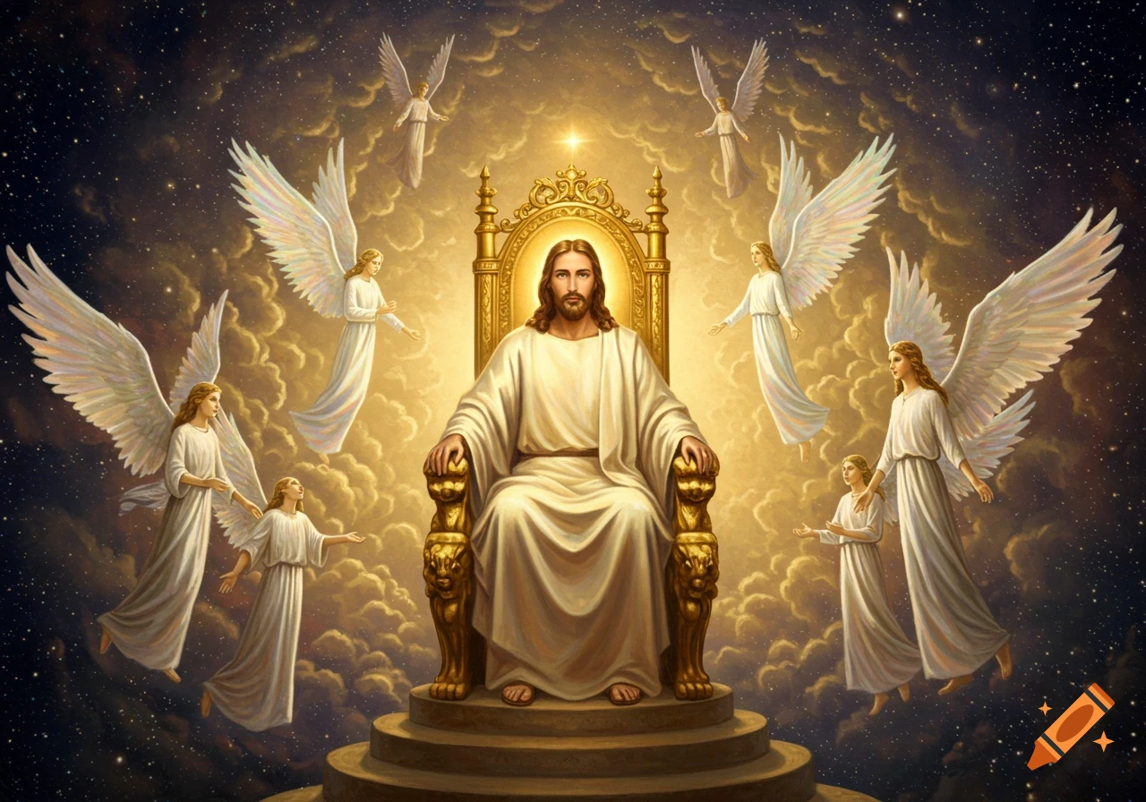 Jesus sits on a golden throne, surrounded by many angels flying in a radiant, starry sky with golden clouds, in a divine art style.