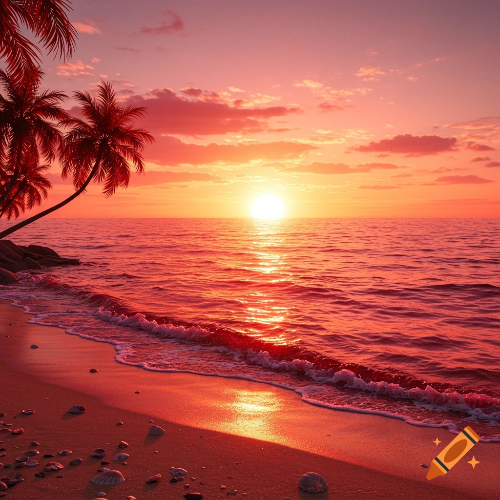 A vibrant red and orange sunset over a tropical beach with palm trees silhouetted against the sky and waves washing ashore.