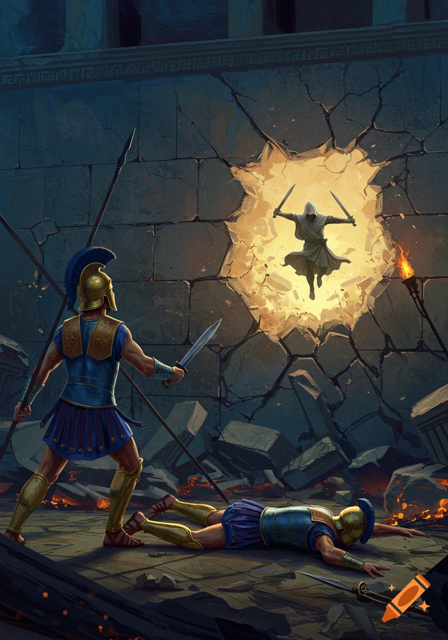 An assassin leaps from a glowing, destroyed stone wall towards a Greek soldier with a sword, while another soldier lies fallen on the ground in an ancient battle scene.