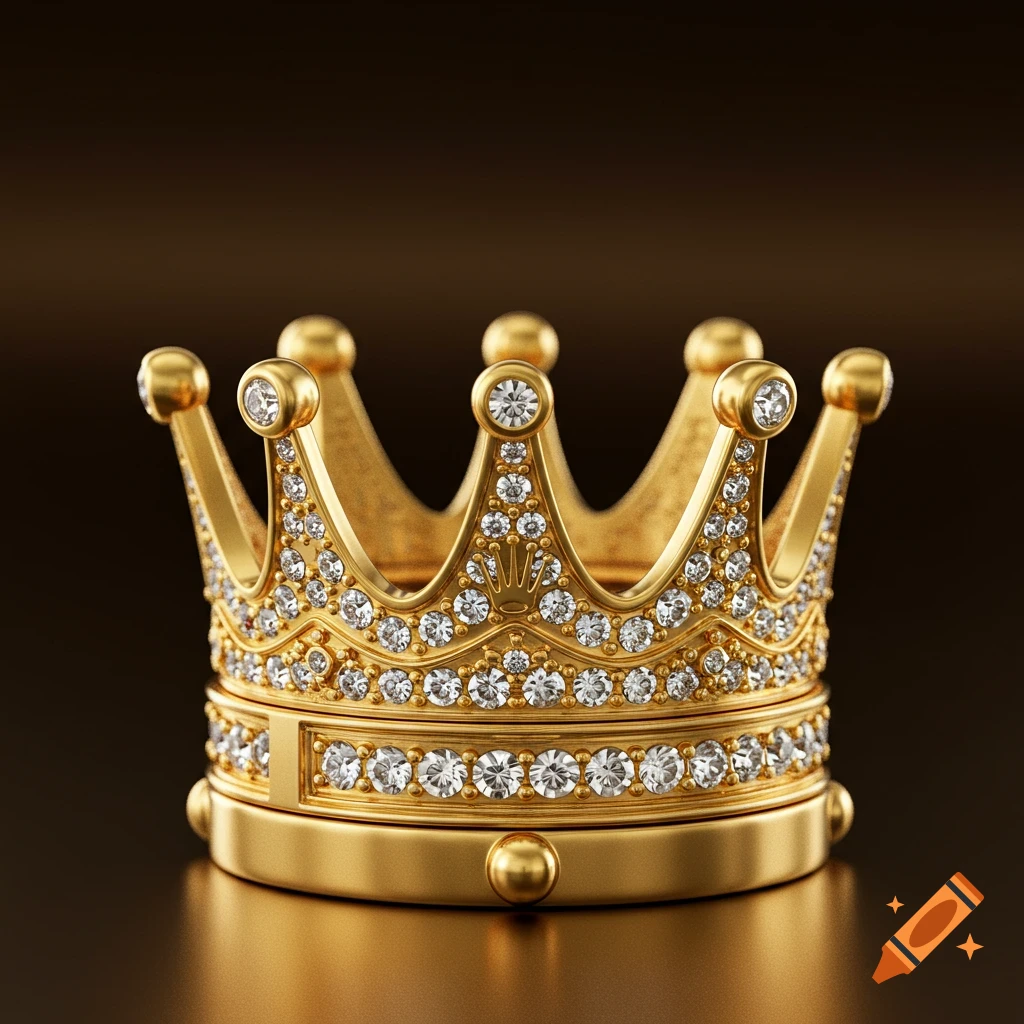 A photorealistic golden crown encrusted with numerous sparkling diamonds, featuring a small crown logo on its band, against a dark, reflective background.