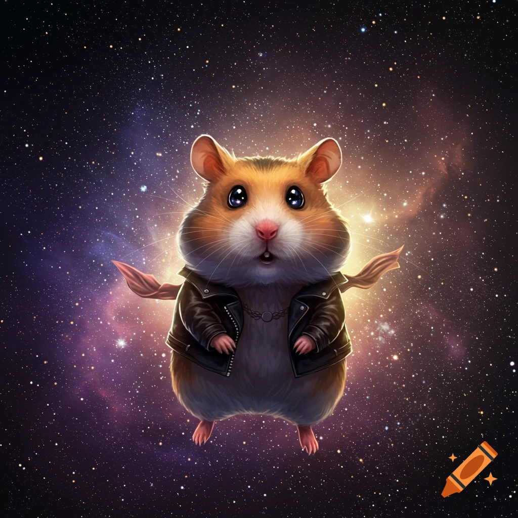 A cute, fluffy hamster in a leather jacket and scarf floats in a starry galaxy.