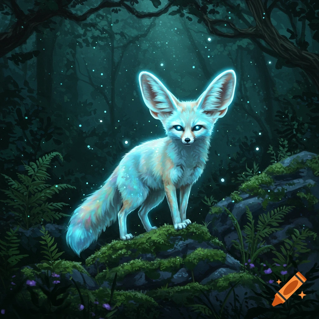 A glowing, spectral fennec fox with bright blue eyes stands on a mossy rock in a dark, magical forest.