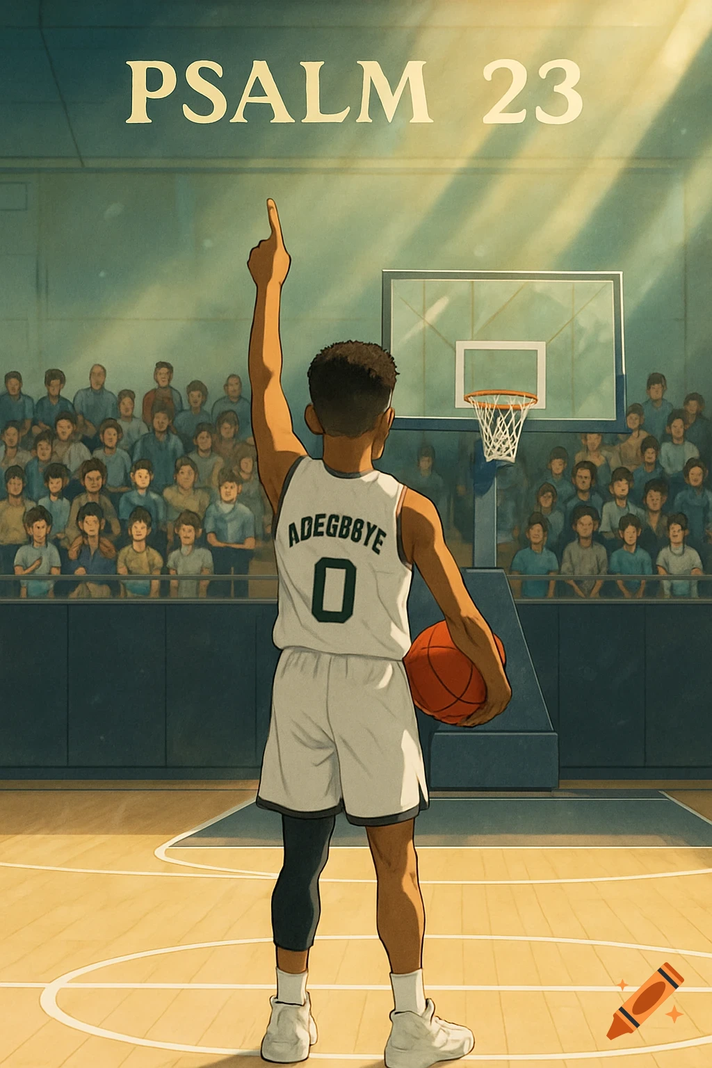 Ghibli-style art of a basketball player pointing to the sky on a court, with 'PSALM 23' above and a crowd watching.