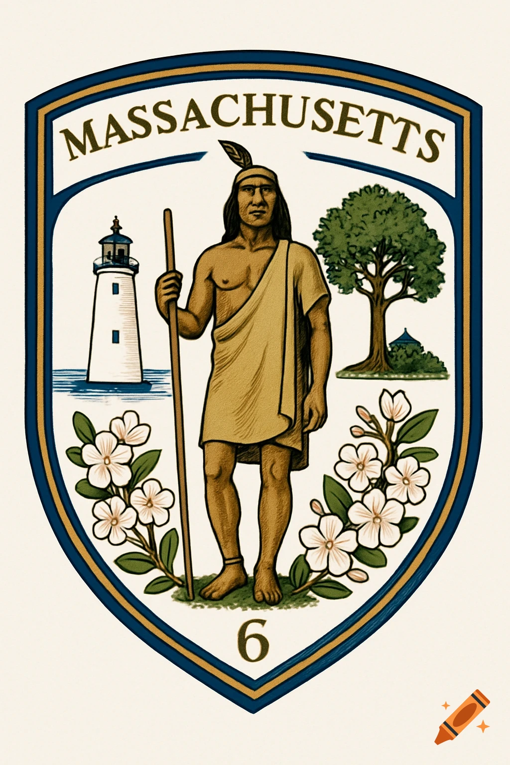 Massachusetts state emblem with a Native American man, lighthouse, tree, and flowers, text 'MASSACHUSETTS' and number 6.