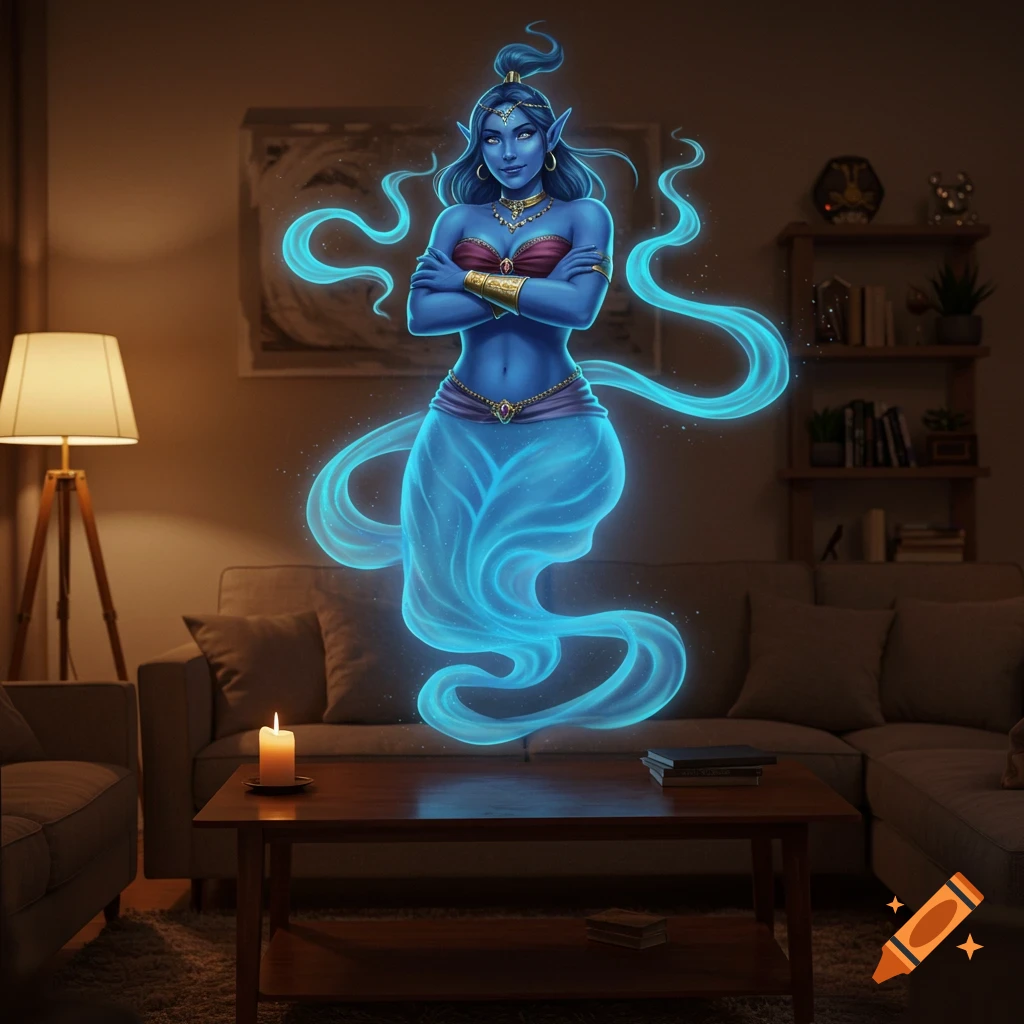 A glowing blue female genie with crossed arms floats in a dimly lit living room with a couch, lamp, and coffee table.