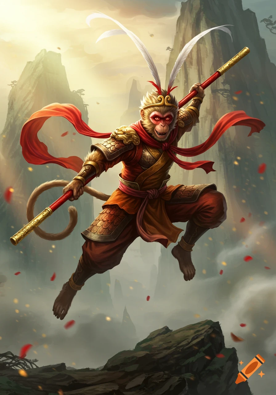 Sun Wukong, the Monkey King, in golden armor and red robes, leaping with a staff amidst misty mountains and falling petals. Fantasy art.