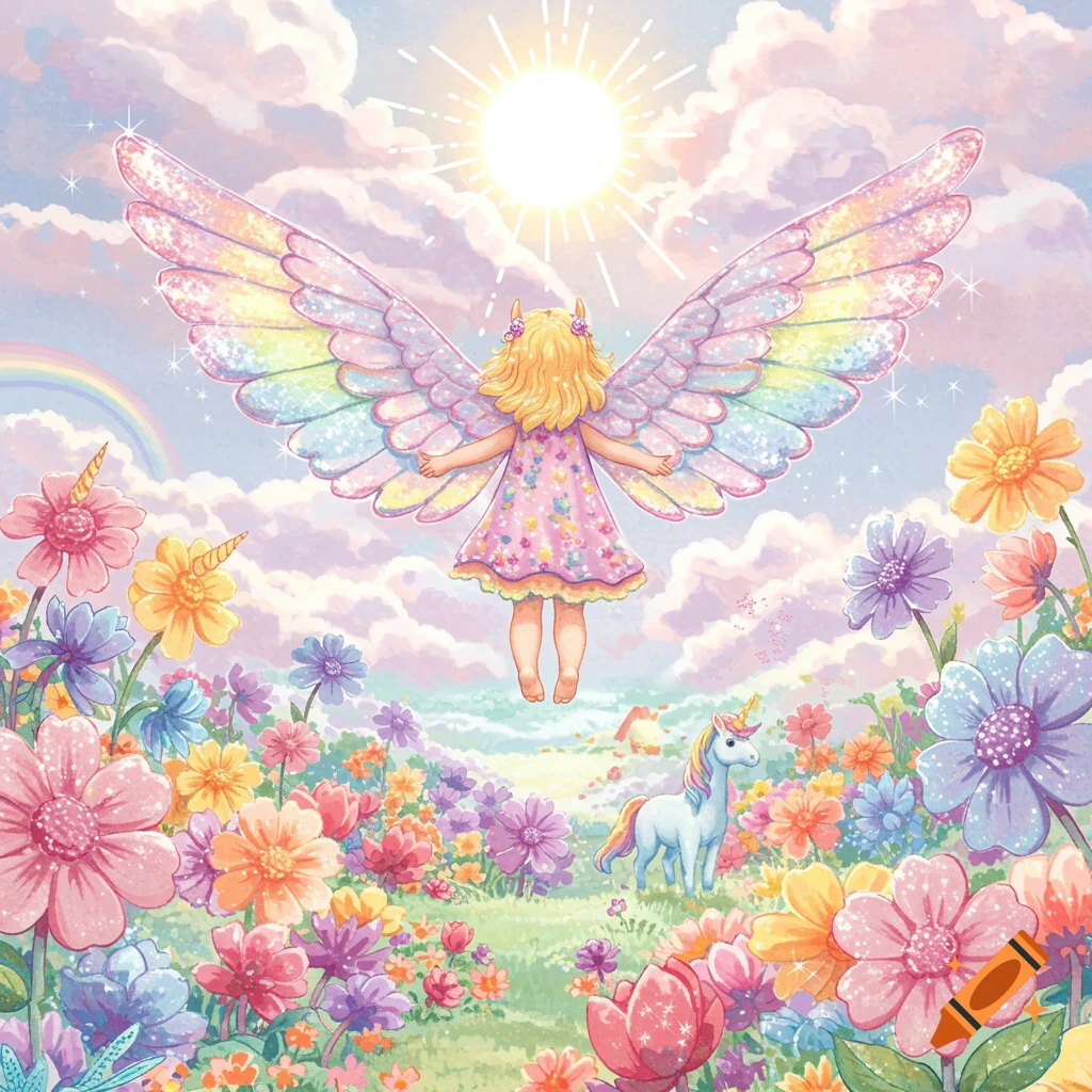 Whimsical illustration of a child with sparkly rainbow wings floating over a field of vibrant flowers, with a unicorn and a rainbow under a sunny sky.