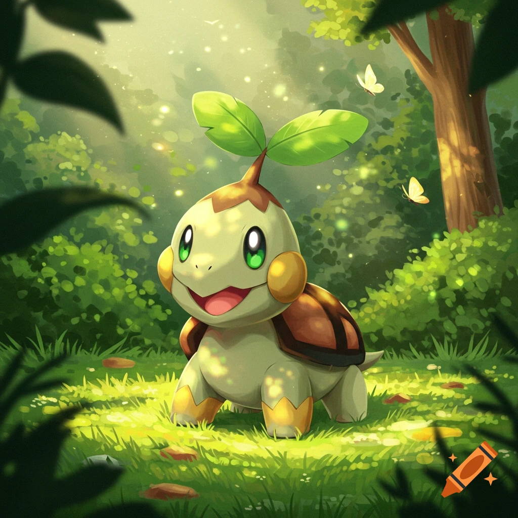 A cheerful Turtwig, a green turtle-like Pokemon with a sprout on its head, smiles in a sunny, lush forest with glowing light and butterflies.