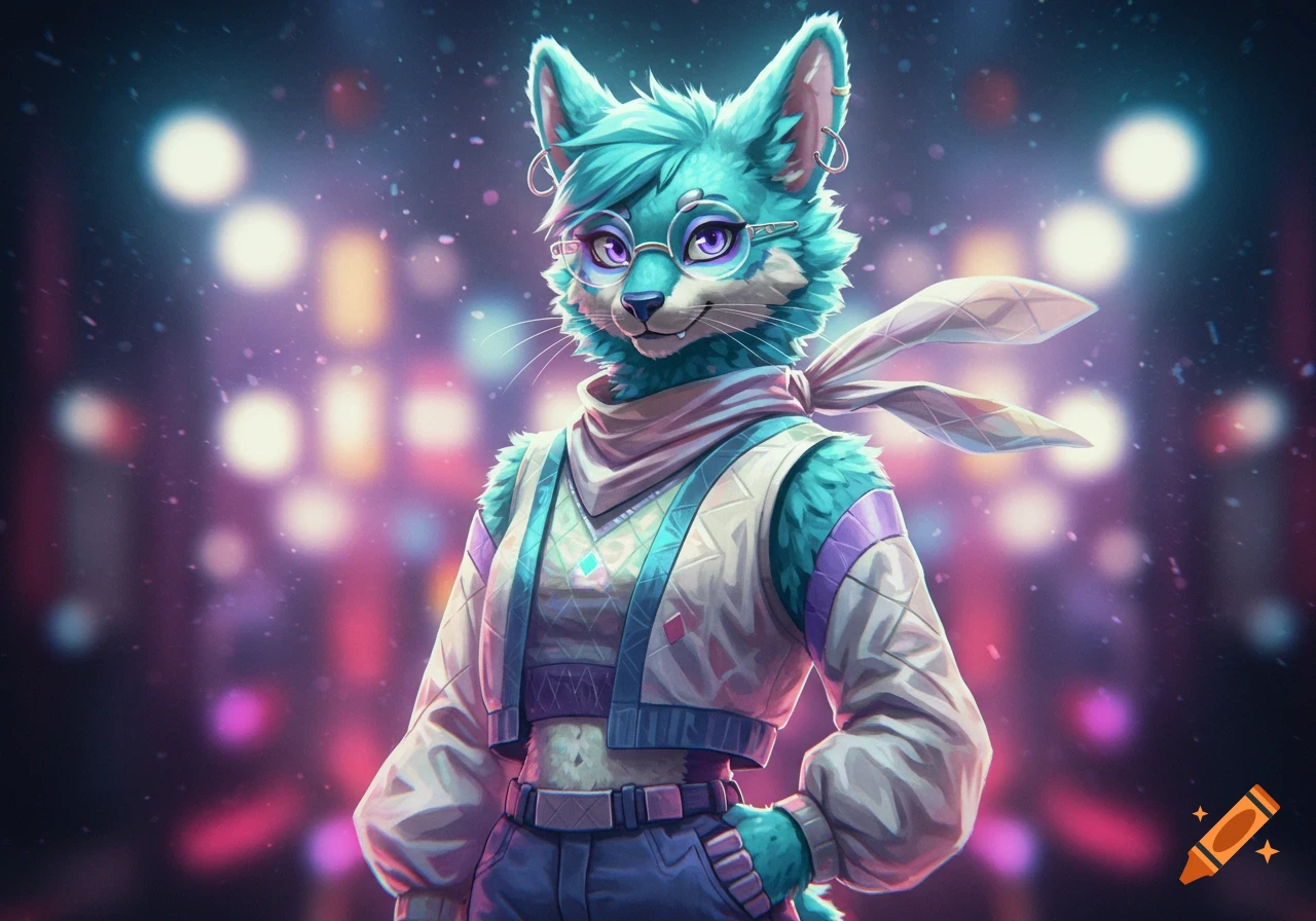 A teal-furred anthropomorphic fox-like character in glasses and trendy clothes, smiling against a bokeh light background in digital art style.