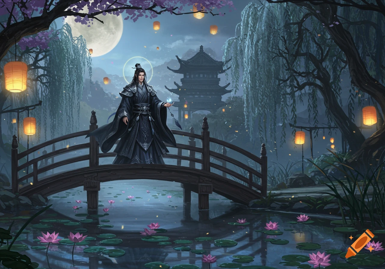 A man in black robes stands on a bridge over lotus water, holding a glowing orb, under a full moon with lanterns, willow trees, and a pagoda.