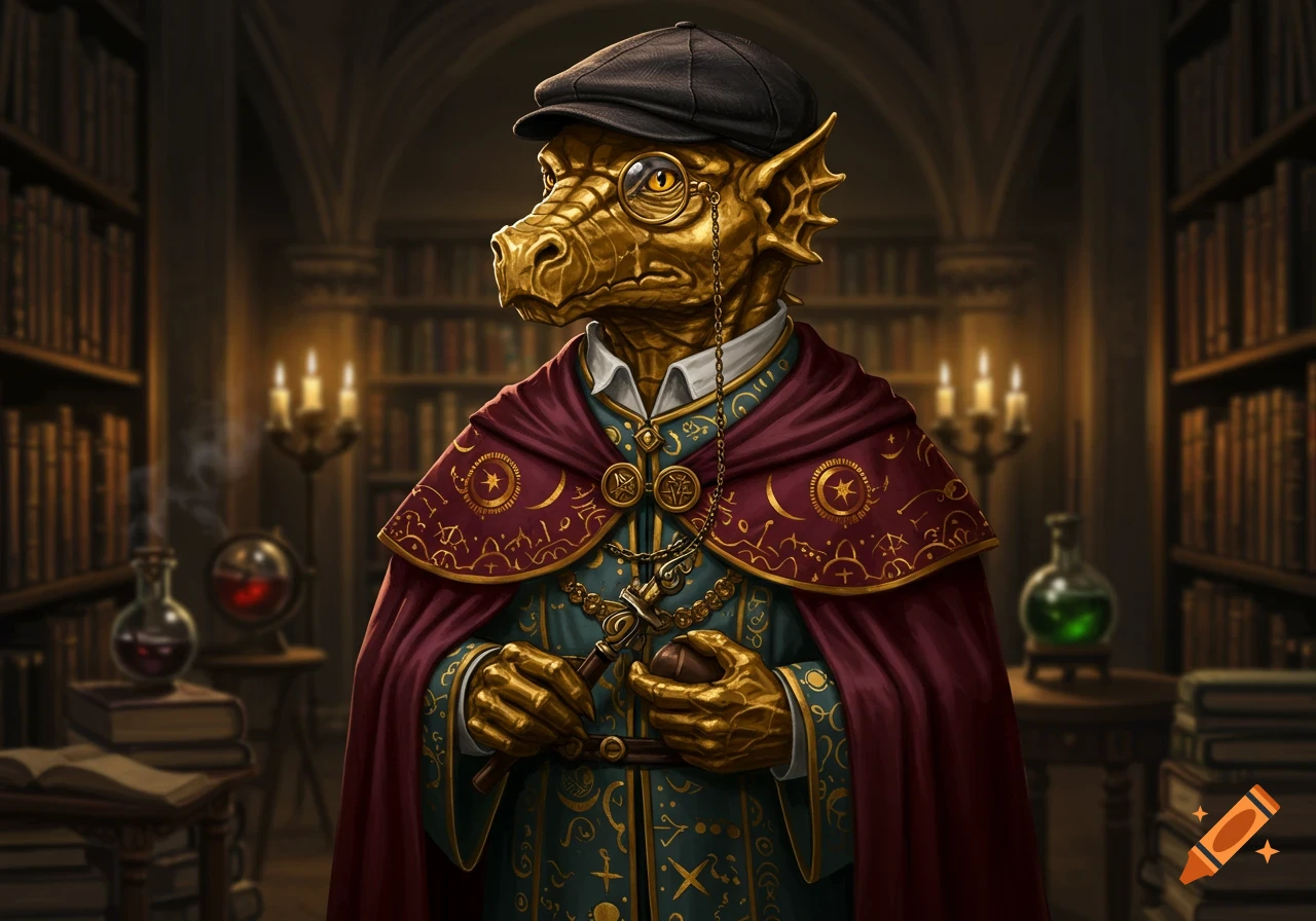 A brass-colored, dragon-like creature in ornate robes, flat cap, and monocle, holding a pipe in a dimly lit fantasy library.