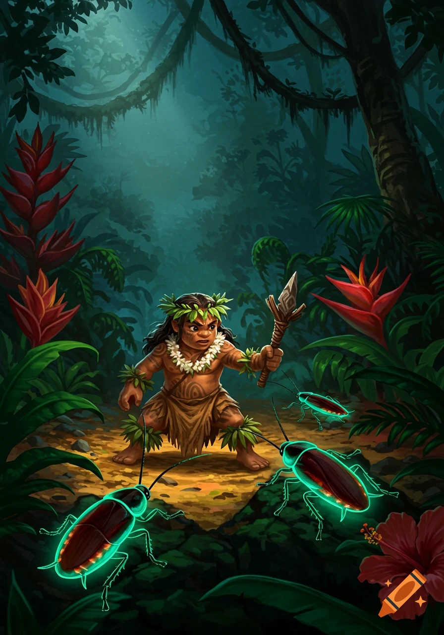 A stylized illustration of a Hawaiian menehune in a jungle, holding a spear and fighting glowing cockroaches.