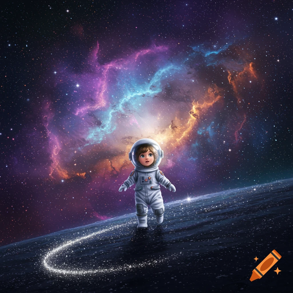 Cartoon of a cute little girl astronaut walking on a glowing cosmic path through a vibrant nebula and starry space.