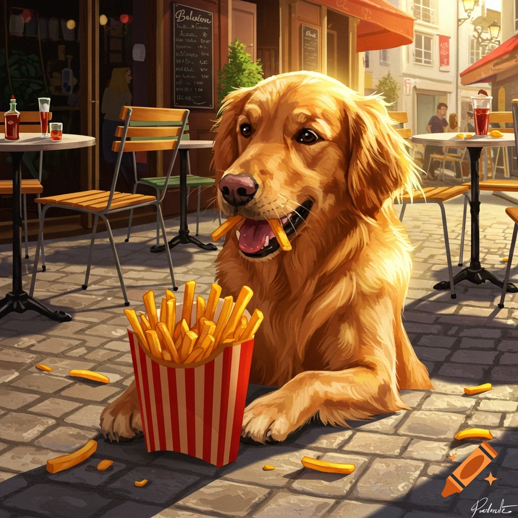 A happy Golden Retriever dog eats french fries on a cafe patio, with a large carton of fries on the ground. Digital painting style.