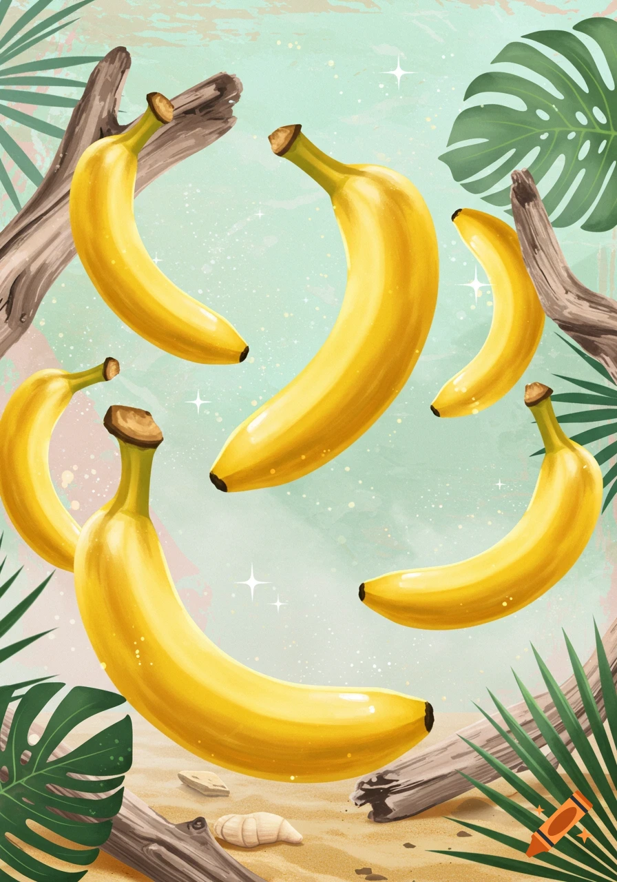 Illustrative image of ripe yellow bananas floating among tropical leaves and driftwood on a sandy background.