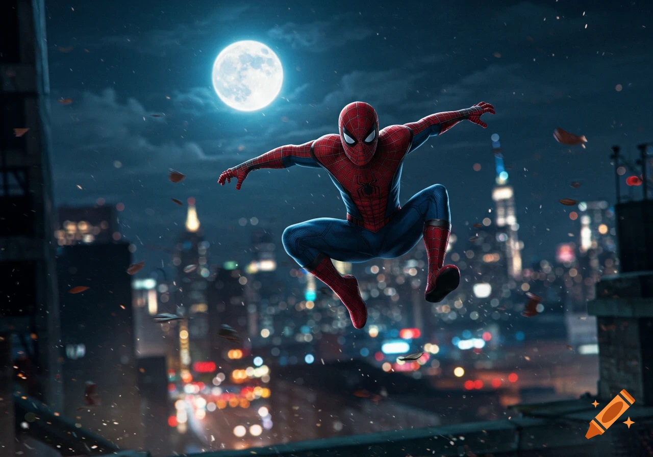 Spider-Man leaps over a dark city skyline under a bright full moon, in a photorealistic style.