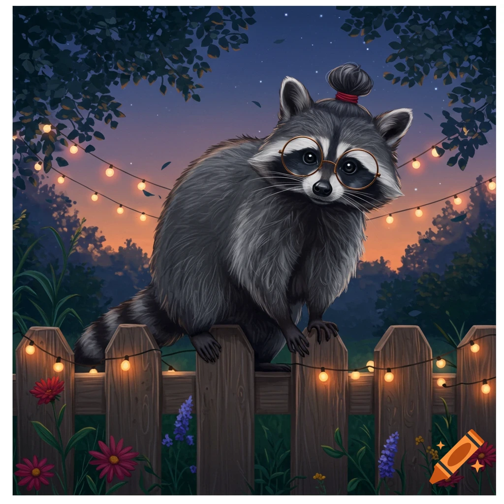 A cute raccoon with a manbun and glasses sits on a wooden fence under string lights at dusk in an illustration.