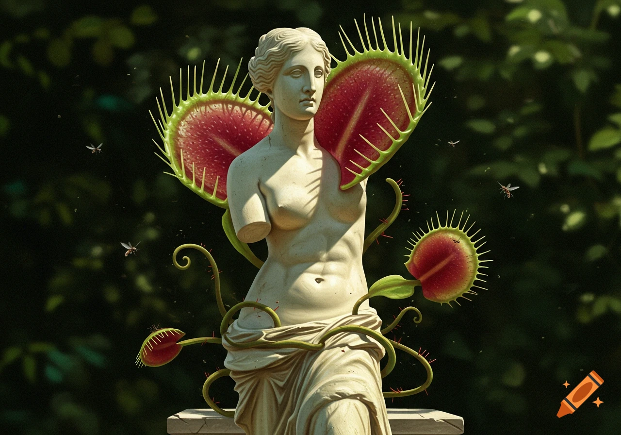 Surreal white marble bust of Venus de Milo with large red and green Venus flytrap leaves and vines instead of arms, in a lush green outdoor setting with flying insects.