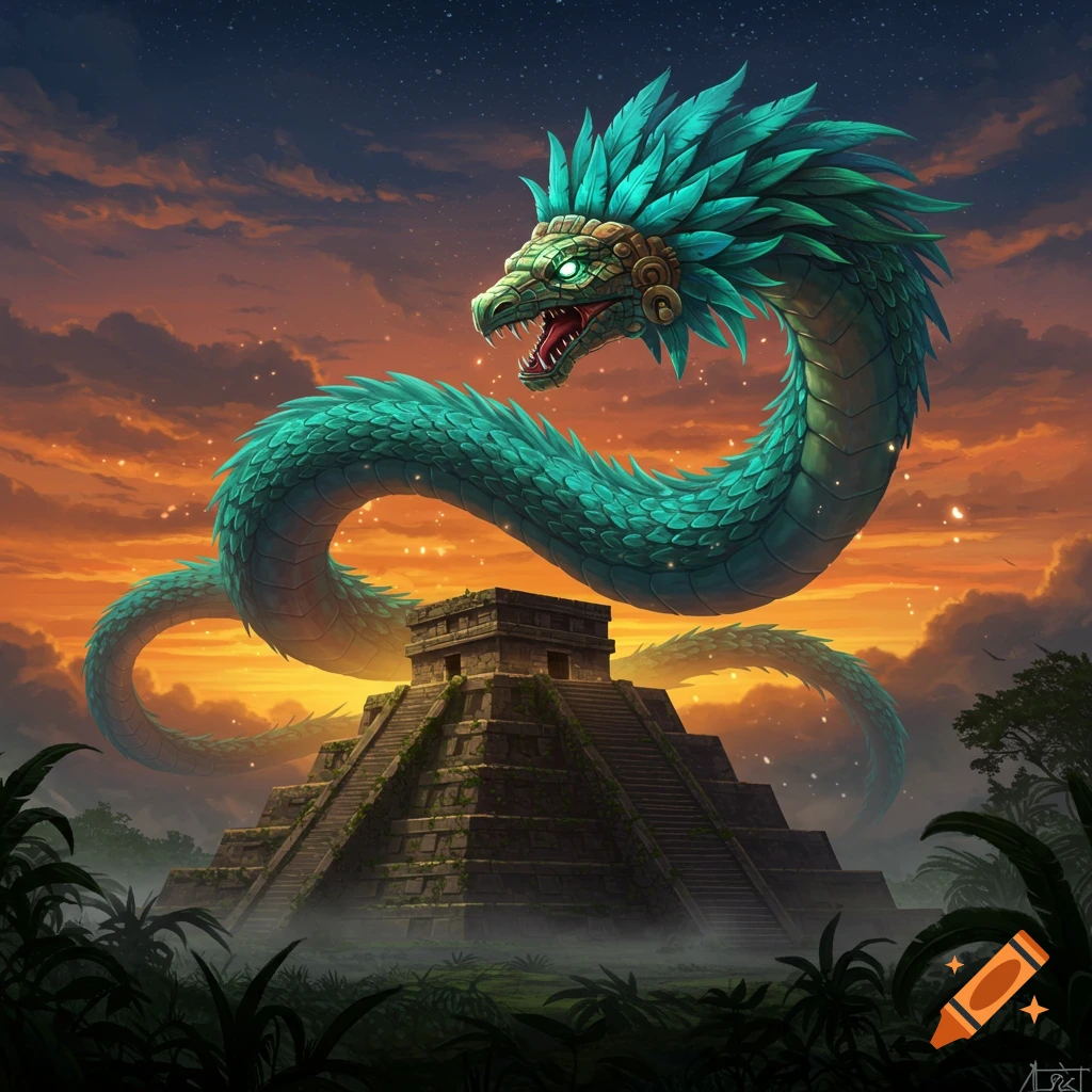 A majestic feathered serpent, Quetzalcoatl, with turquoise scales and feathers, hovers above an ancient stone pyramid at sunset under a star-dusted sky. Fantasy art style.