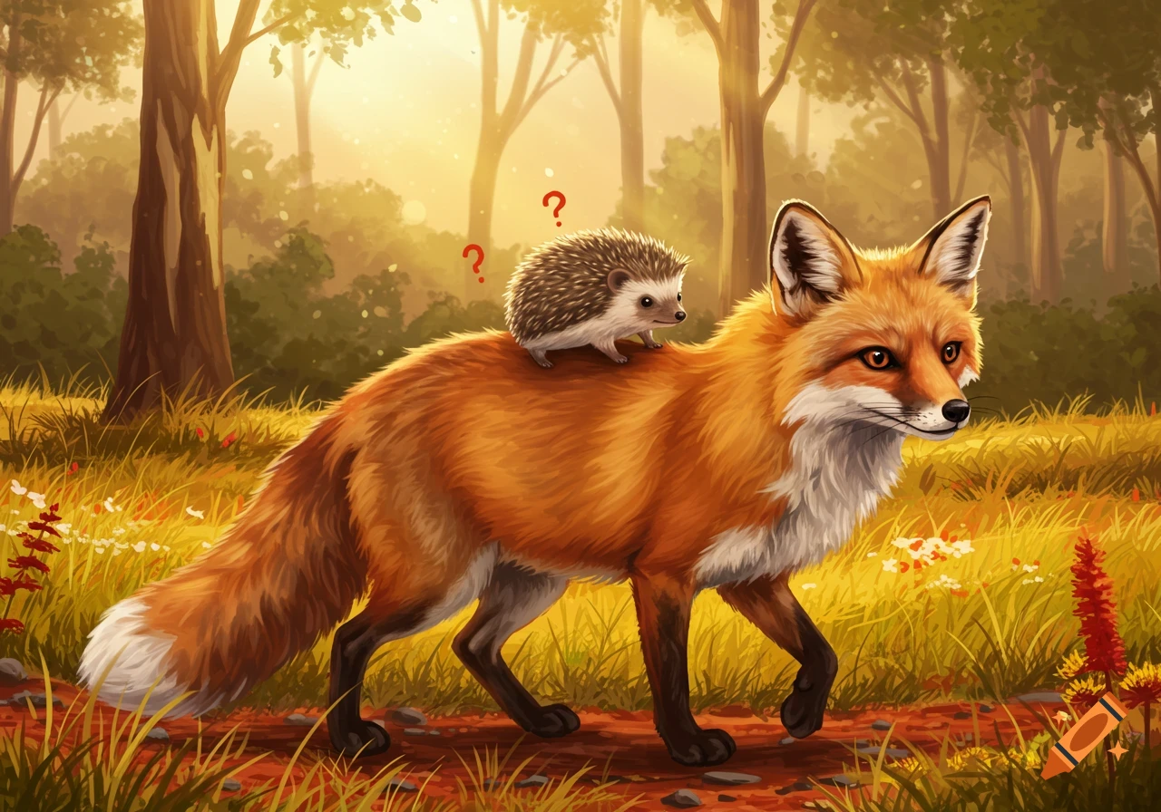 A small hedgehog with red question marks above its head rides on the back of a red fox through a sunlit forest. Detailed illustration.