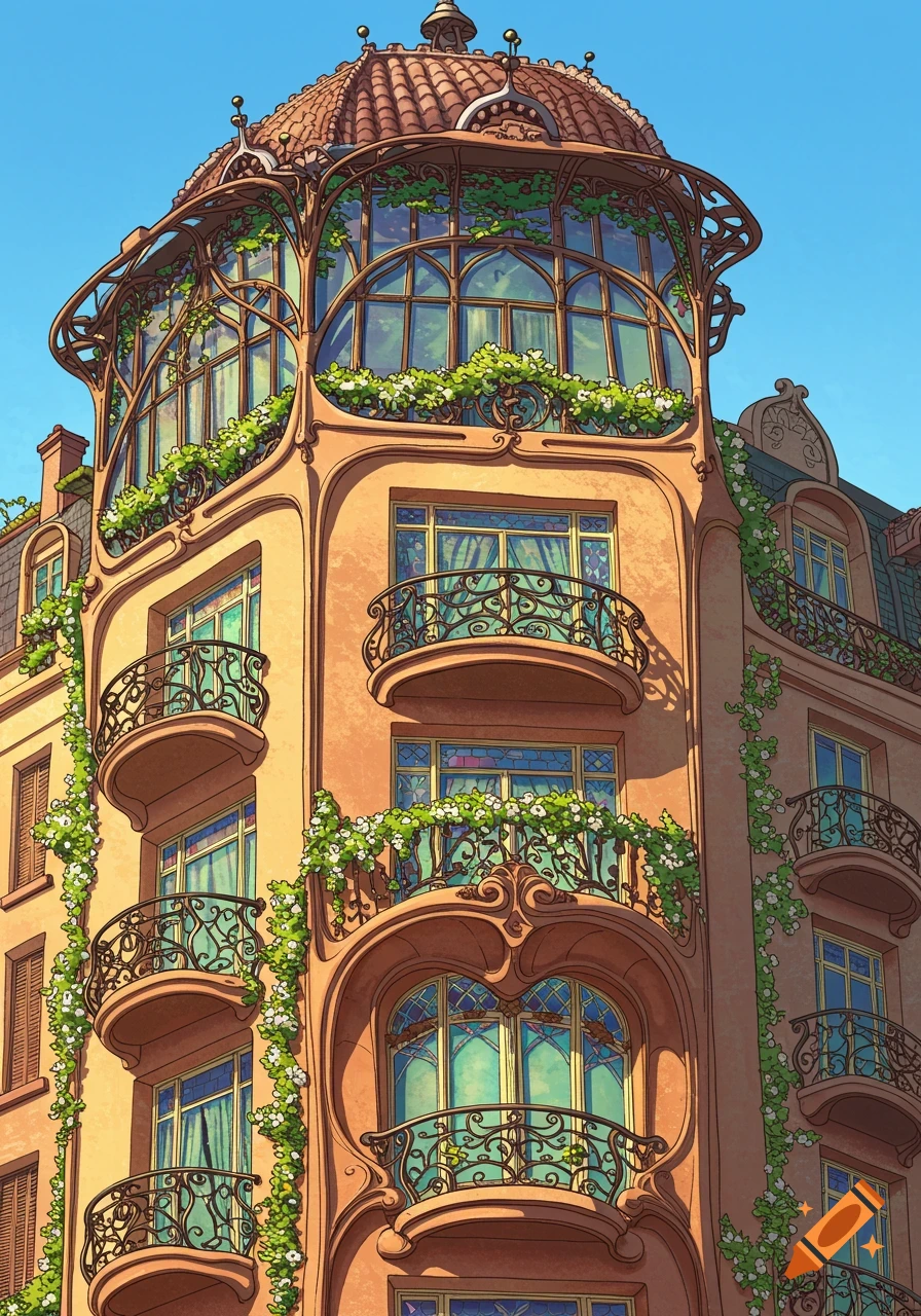 Detailed illustration of a vibrant Art Nouveau building with an ornate dome, curved balconies, and climbing green vines.