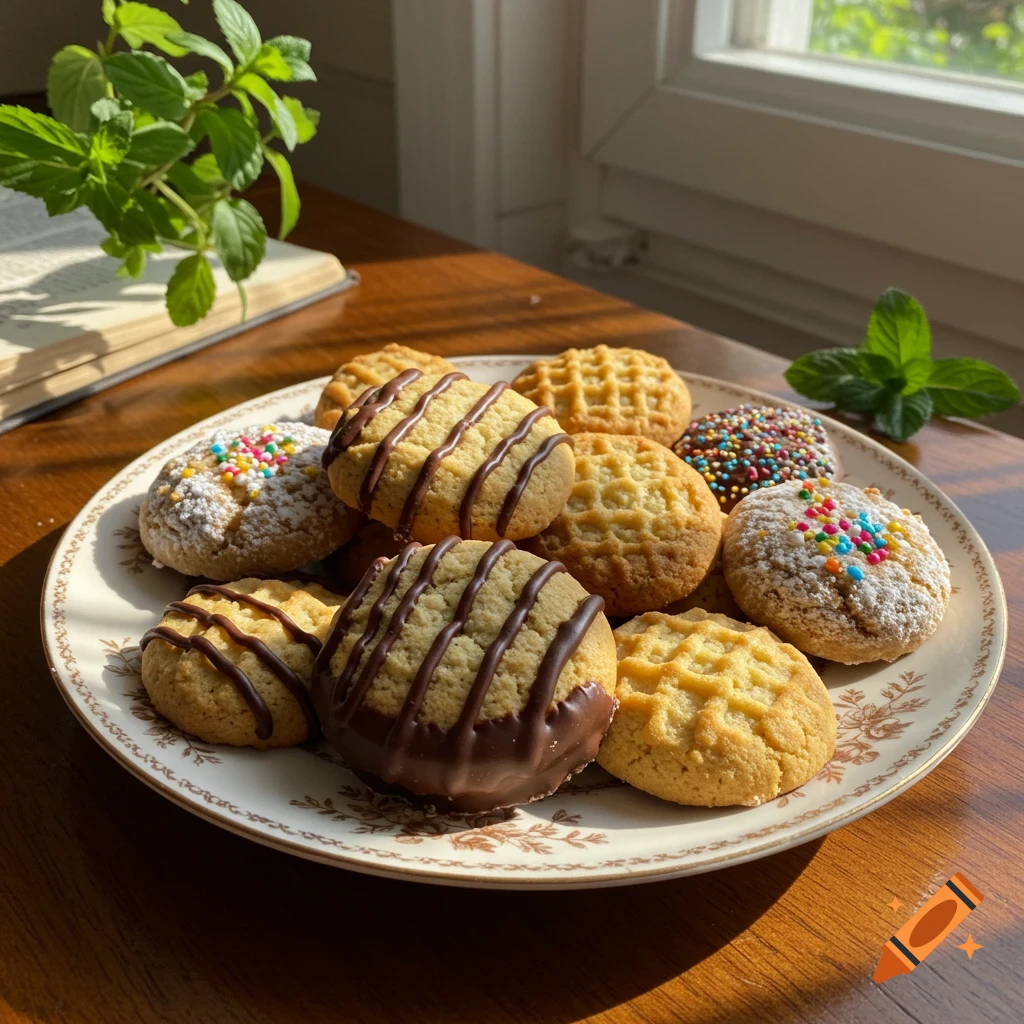 A plate of various cookies, some chocolate-drizzled and some with colorful sprinkles, on a wooden table by a window.