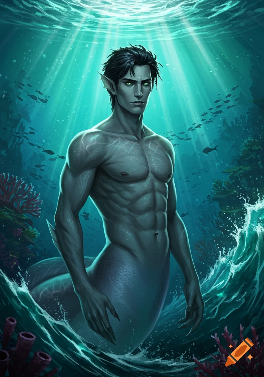 A handsome muscular man-eel hybrid with gray skin, black hair, and green eyes stands in clear blue underwater with coral and fish.
