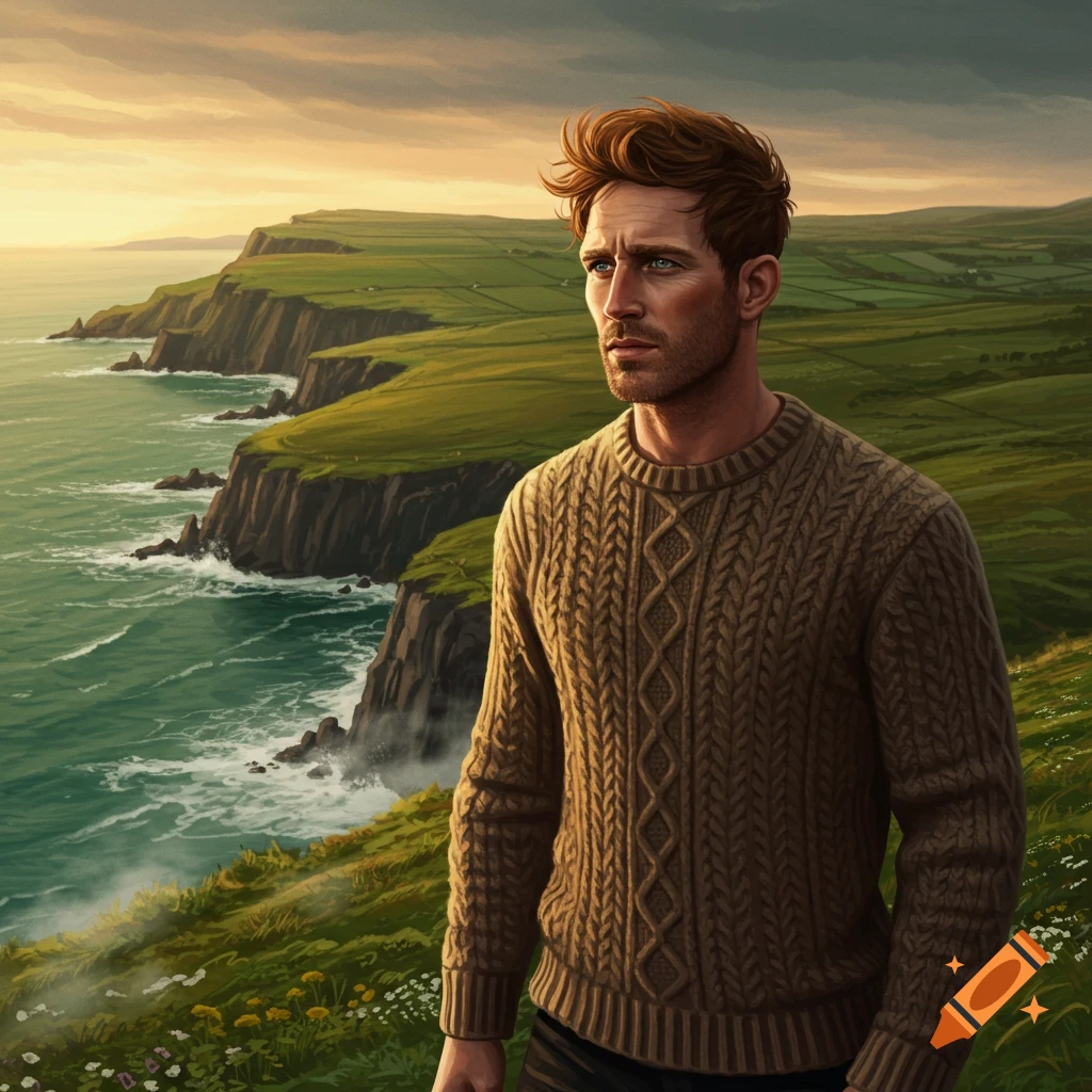 Rugged man with red hair looking out over green cliffs and a turquoise sea at sunset.