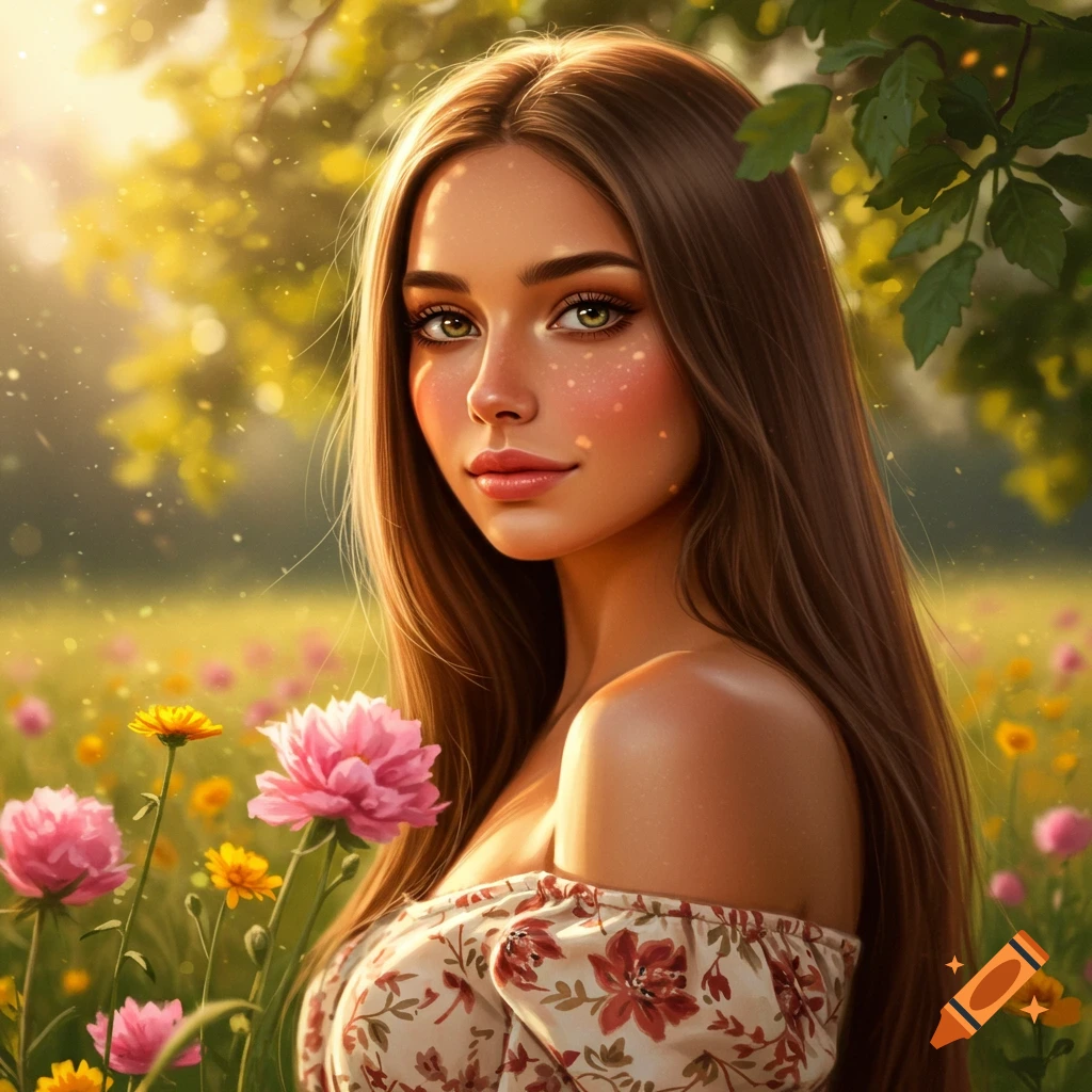 A photorealistic portrait of a beautiful young woman with long brown hair and green eyes, smiling gently in a sunny field of pink and yellow flowers.