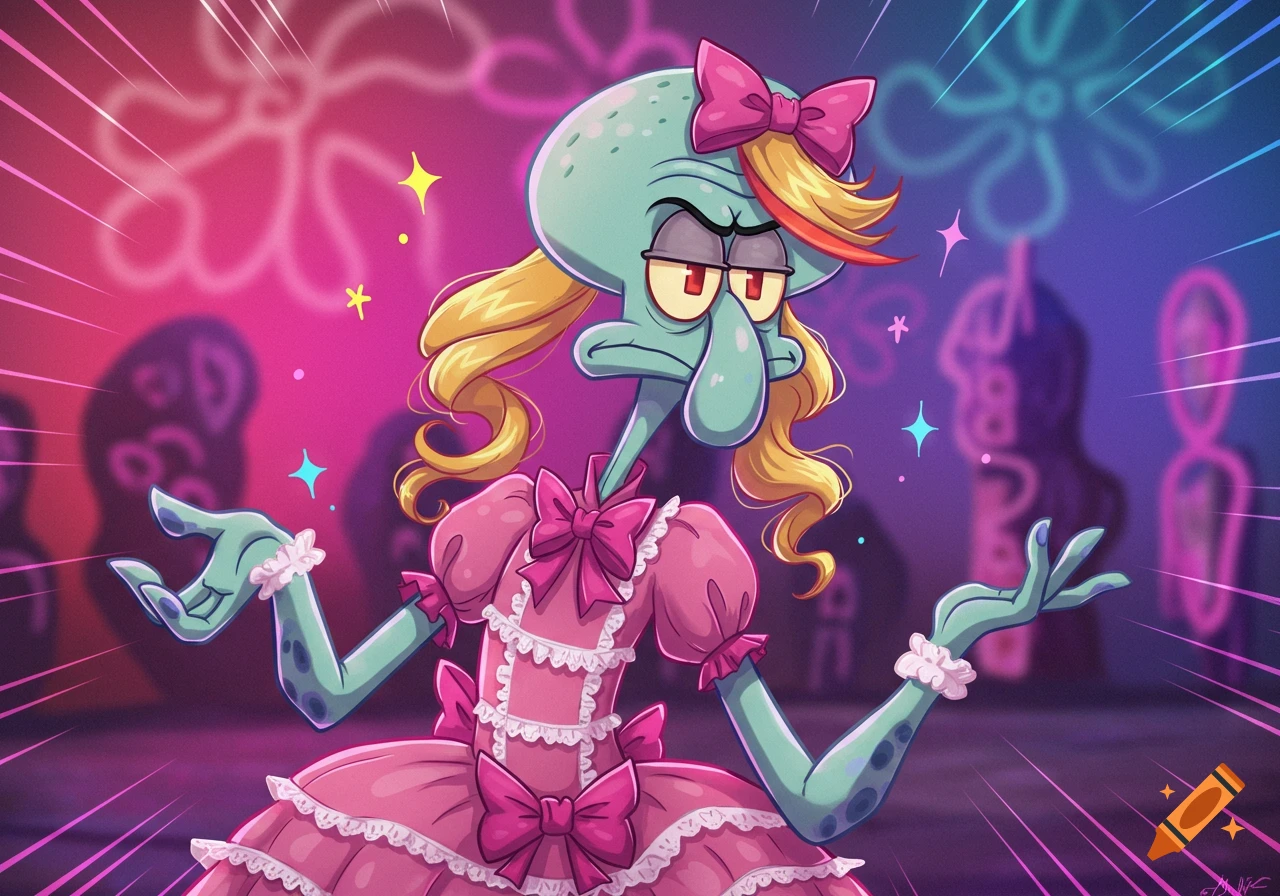 Cartoon Squidward in a frilly pink dress and blonde wig, striking a pose with neon lights in the background.