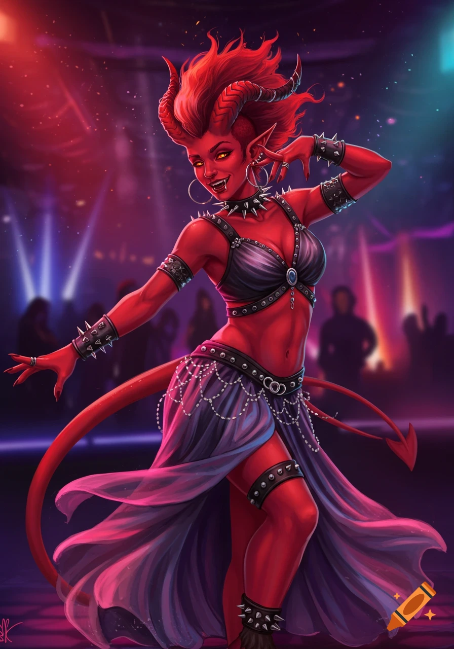 A vibrant illustration of a red-skinned tiefling woman with horns and a tail, in punk bellydance attire, dancing in a club.