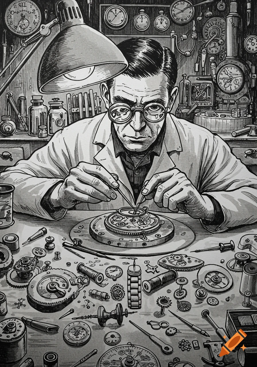 An intricate black and white illustration of a watchmaker meticulously working on a disassembled watch movement at a busy workbench filled with tools and clocks.