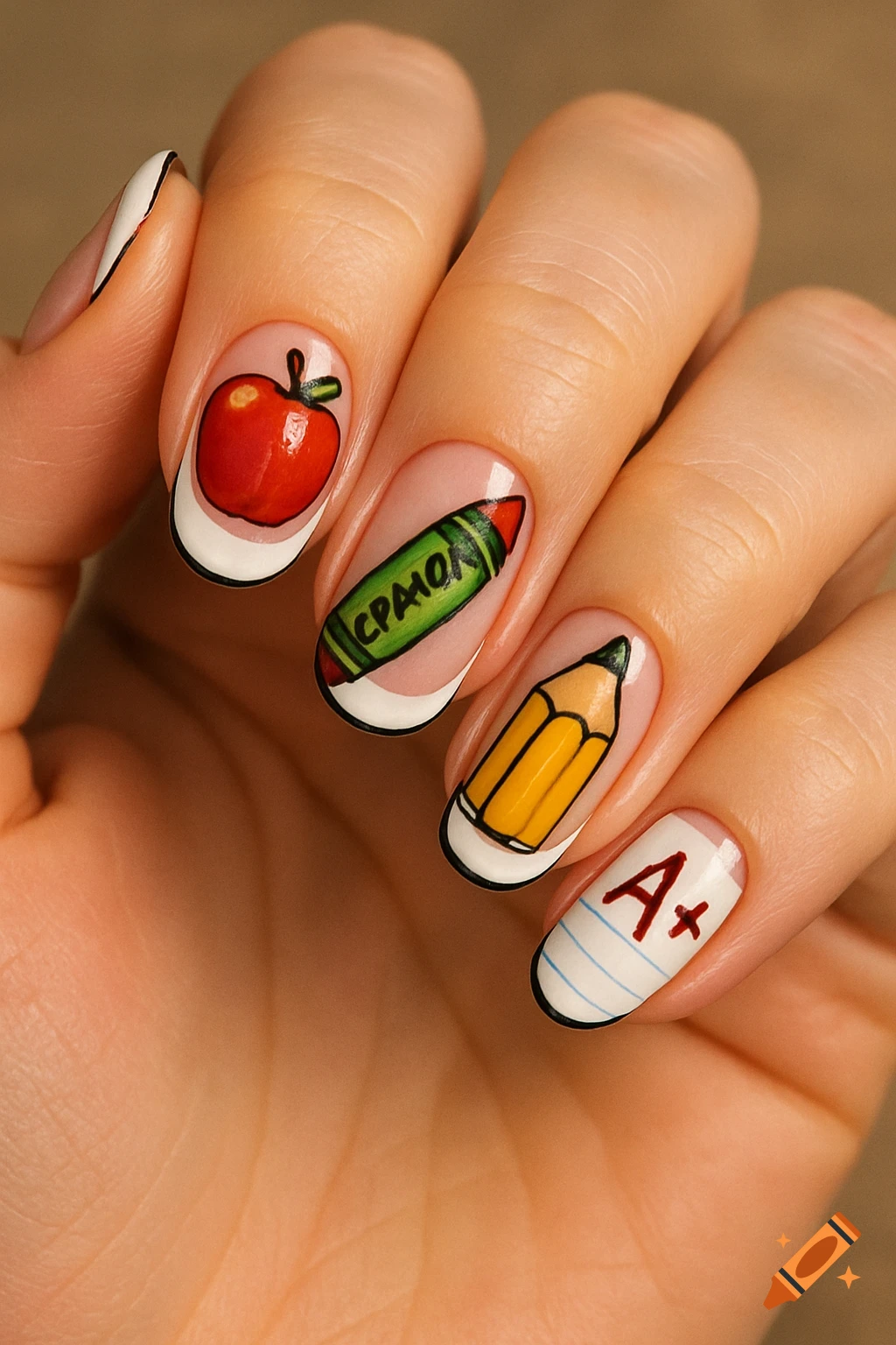 Close-up of a hand with school-themed nail art, featuring designs of an apple, a crayon, a pencil, and a paper with A+ on white-tipped nails.