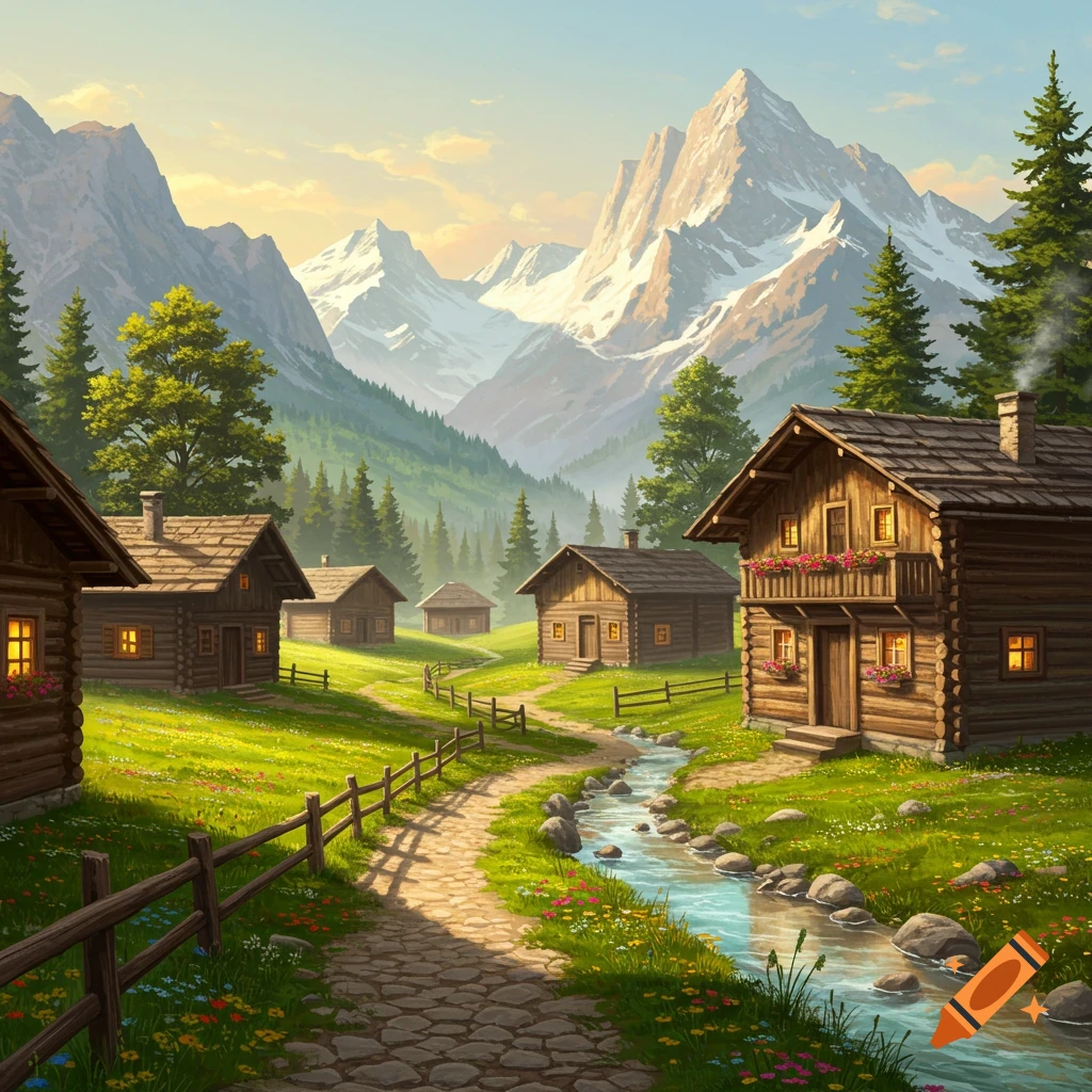 Picturesque mountain village with traditional wooden houses, winding path, stream, and snow-capped peaks under a sunny sky.